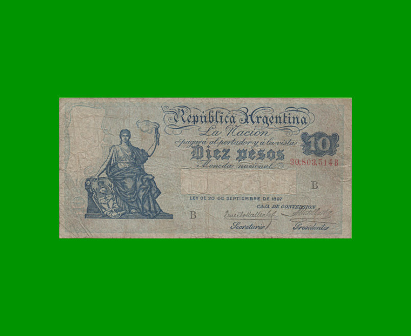 BILLETE CAJA DE CONVERSION $ 10,00, BOT 1624, AÑO 1925, ESTADO  BUENO+ .-