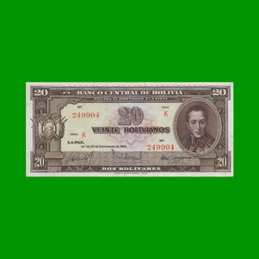 BILLETE DE BOLIVIA 20 BOLIVIANOS, PICK 140a, AÑO 1945, ESTADO EXCELENTE+ .-