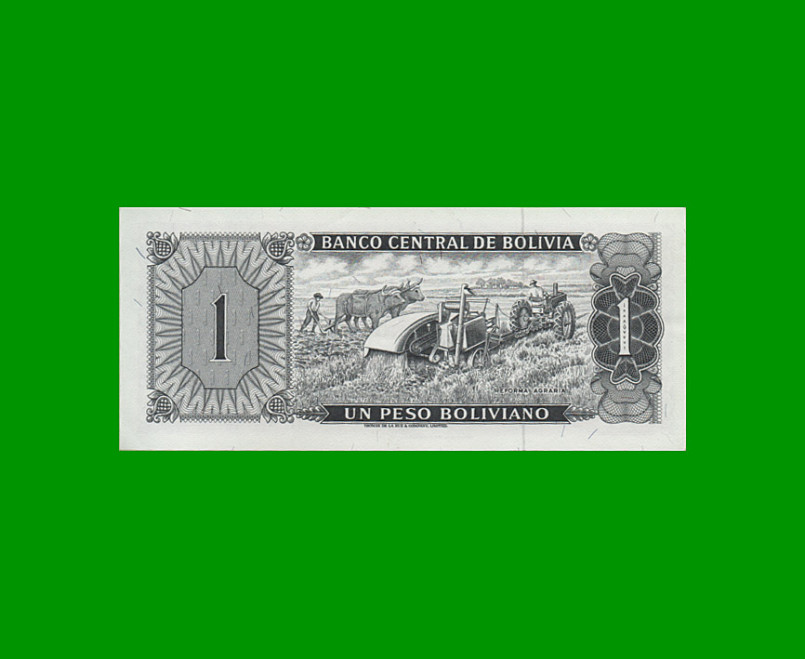 BILLETE DE BOLIVIA 1 PESOS BOLIVIANOS, PICK 158a, AÑO 1962, ESTADO SIN CIRCULAR.- - Imagen 2