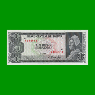 BILLETE DE BOLIVIA 1 PESOS BOLIVIANOS, PICK 158a, AÑO 1962, ESTADO SIN CIRCULAR.-