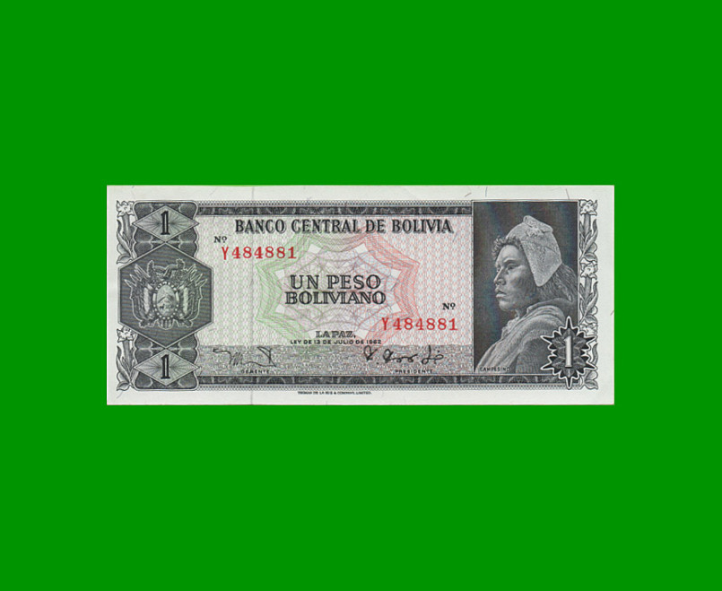 BILLETE DE BOLIVIA 1 PESOS BOLIVIANOS, PICK 158a, AÑO 1962, ESTADO SIN CIRCULAR.-