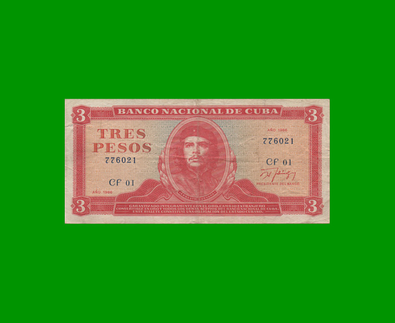 BILLETE DE CUBA $3,00 PICK 107a, AÑO 1986, ESTADO MUY BUENO-  .-