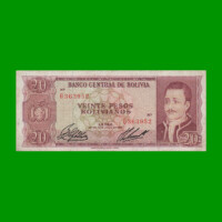 BILLETE DE BOLIVIA 20 PESOS BOLIVIANOS, PICK 161a, AÑO 1962, ESTADO MUY BUENO- .-