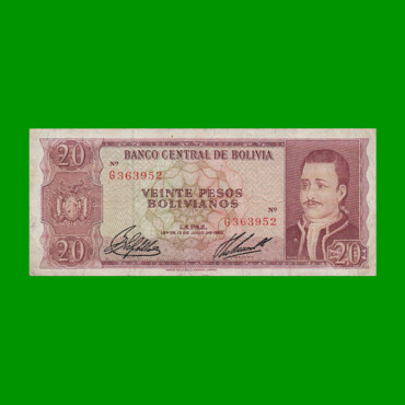 BILLETE DE BOLIVIA 20 PESOS BOLIVIANOS, PICK 161a, AÑO 1962, ESTADO MUY BUENO- .-