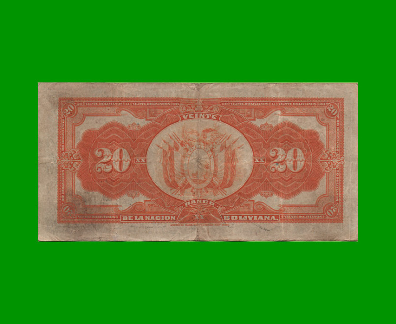 BILLETE DE BOLIVIA 20 BOLIVIANOS, PICK 109b, AÑO 1911, ESTADO MUY BUENO.- - Imagen 2