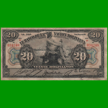 BILLETE DE BOLIVIA 20 BOLIVIANOS, PICK 109b, AÑO 1911, ESTADO MUY BUENO.-