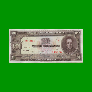BILLETE DE BOLIVIA 20 BOLIVIANOS, PICK 140, AÑO 1945, ESTADO SIN CIRCULAR .-
