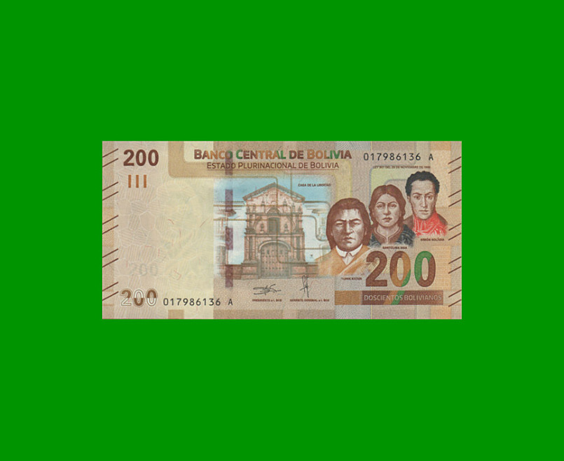 BILLETE DE BOLIVIA 200 BOLIVIANOS, PICK NEW, AÑO 1986 (2019), ESTADO SIN CIRCULAR.-