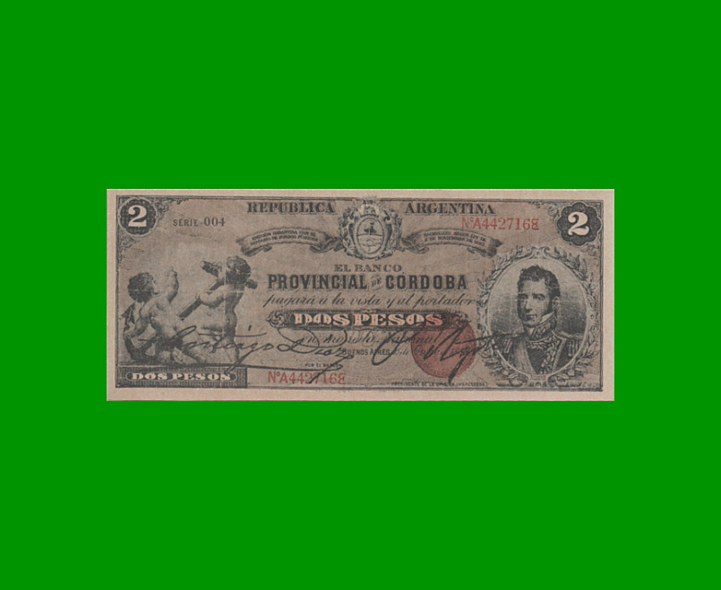 BILLETE PROVINCIA DE CORDOBA $ 2,00 FASCIMIL, AÑO 1888, SERIE 004, ESTADO SIN CIRCULAR.-