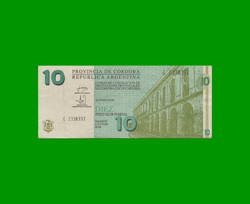 BONO DE CORDOBA $ 10,00, EC 294, AÑO 2001, SERIE C, ESTADO MUY BUENO- .-