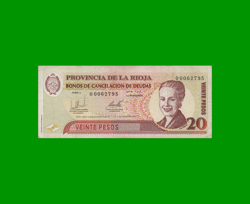 BONO DE LA RIOJA $20,00 SERIE A, EC 365, AÑO 2001, ESTADO MUY BUENO- .-