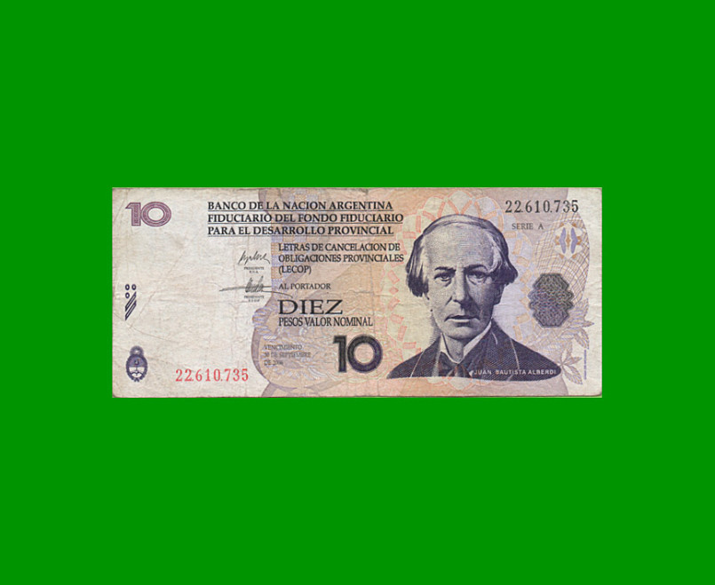 BONO NACIONAL $ 10,00, EC 204 , AÑO 2001, ESTADO BUENO.-