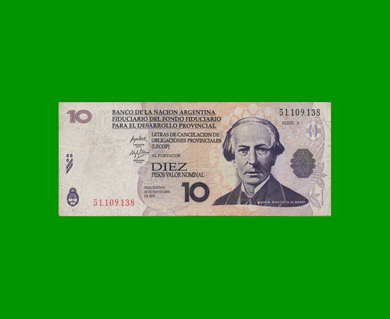 BONO NACIONAL $ 10,00, EC 205, AÑO 2001, ESTADO BUENO .-