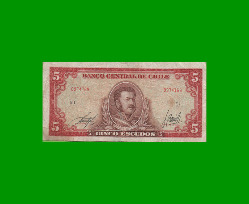 BILLETE DE CHILE 5 ESCUDOS, PICK 138, AÑO 1964, ESTADO BUENO .-