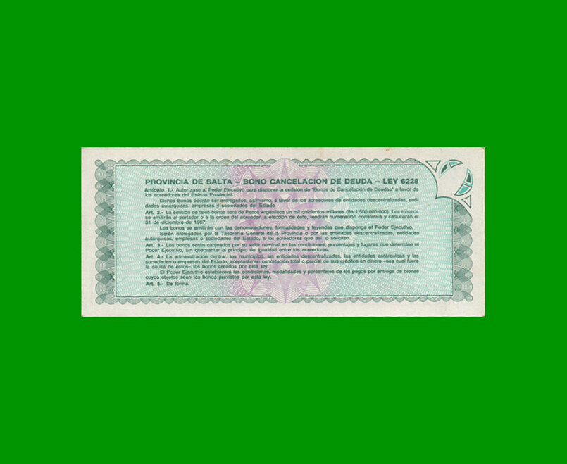 BONO DE SALTA $a100,00, EC 001, AÑO 1985, ESTADO EXCELENTE +. - Imagen 2