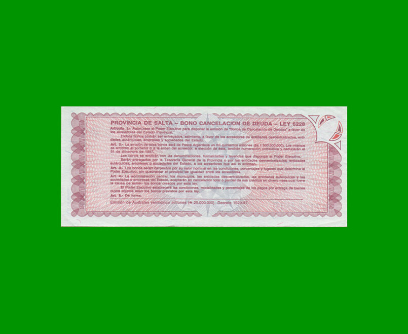 BONO DE SALTA 1,00 DE AUSTRAL, EC 055, AÑO 1987, ESTADO SIN CIRCULAR.- - Imagen 2
