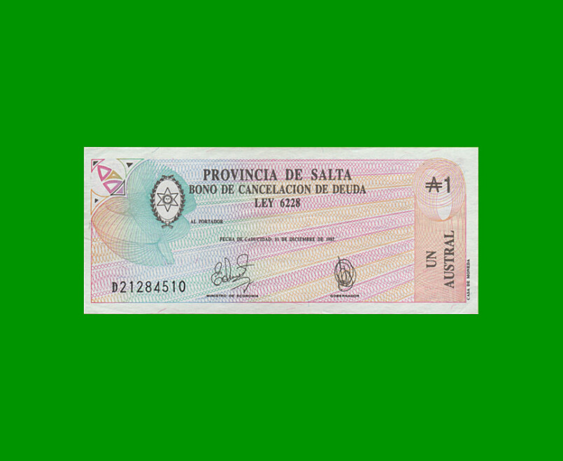 BONO DE SALTA 1,00 DE AUSTRAL, EC 055, AÑO 1987, ESTADO SIN CIRCULAR.-