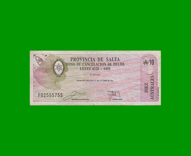 BONO DE SALTA 10,00 DE AUSTRALES, EC 064, AÑO 1988, ESTADO BUENO.-