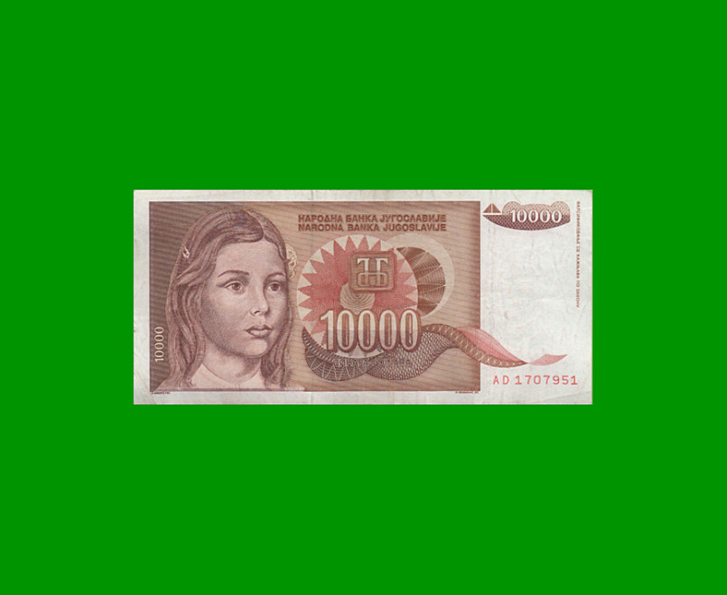 BILLETE DE YUGOSLAVIA 10.000 DINARA, PICK 124, AÑO 1992 ESTADO EXCELENTE- .-