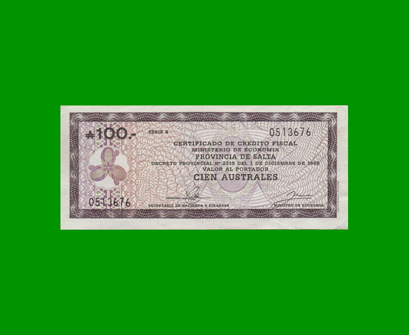 BONO DE SALTA 100,00 DE AUSTRALES, EC 088, AÑO 1988, ESTADO MUY BUENO+.-