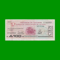 BONO DE TUCUMAN 100,00 AUSTRALES, EC 121, AÑO 1989, ESTADO MUY BUENO+.-