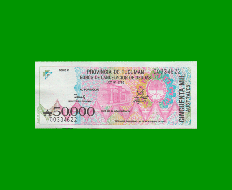 BONO DE TUCUMAN 50.000,00 AUSTRALES, EC 134, AÑO 1990, ESTADO EXCELENTE+.-