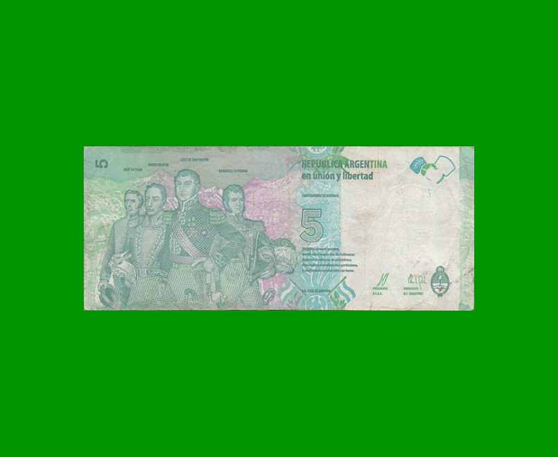 REPOSICION BILLETE CONVERTIBLE TERCER DISEÑO $ 5,00, BOT 3904, ESTADO MUY BUENO.- - Imagen 2