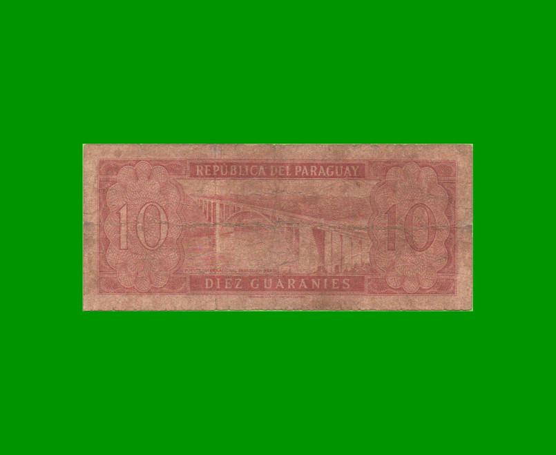 BILLETE DE PARAGUAY 10 GUARANIES, PICK 196a, ESTADO BUENO.- - Imagen 2