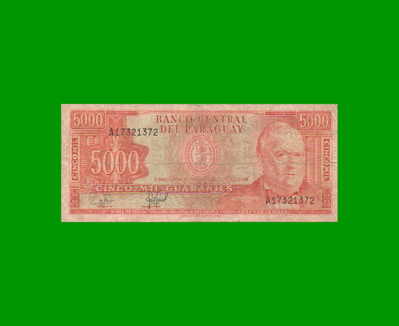 BILLETE DE PARAGUAY 5.000 GUARANIES, PICK 215, AÑO 1997, ESTADO BUENO.-