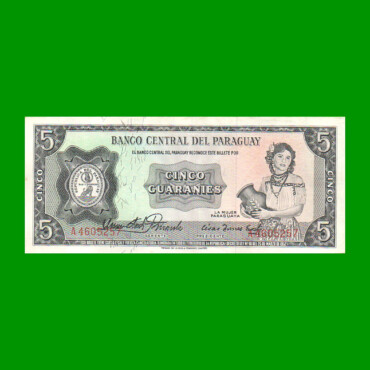 BILLETE DE PARAGUAY 5 GUARANIES, PICK 195a, ESTADO EXCELENTE.-