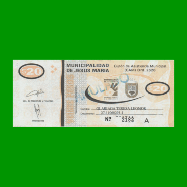 BONO MUNICIPALIDAD DE JESUS MARIA $20,00, ANULADO, AÑO 2004, ESTADO EXCELENTE+ .-