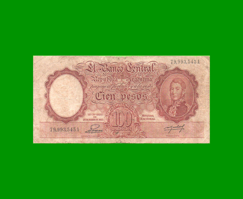 MONEDA NACIONAL $100,00, BOT 2043, AÑO 1953, ESTADO BUENO.-