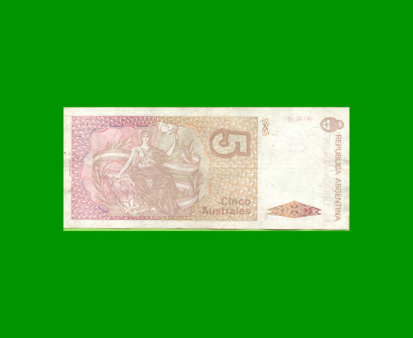 BILLETE DE AUSTRALES, 5 AUSTRALES, BOT 2816, AÑO 1989, ESTADO MUY BUENO.- - Imagen 2
