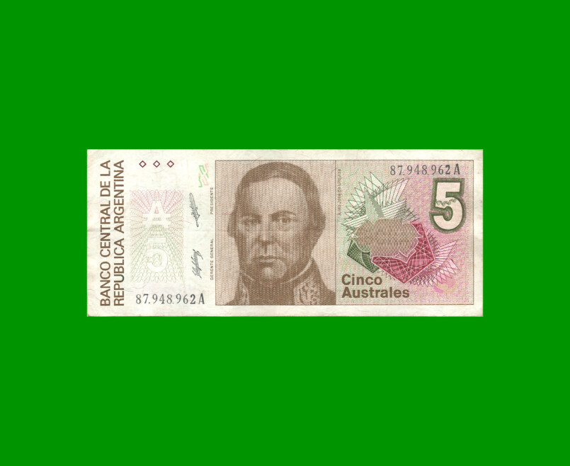 BILLETE DE AUSTRALES, 5 AUSTRALES, BOT 2816, AÑO 1989, ESTADO MUY BUENO.-