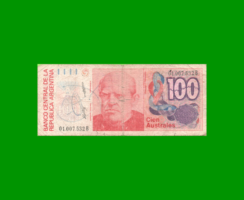 BILLETE DE AUSTRALES, 100 AUSTRALES, BOT 2839, AÑO 1987, ESTADO BUENO- .-