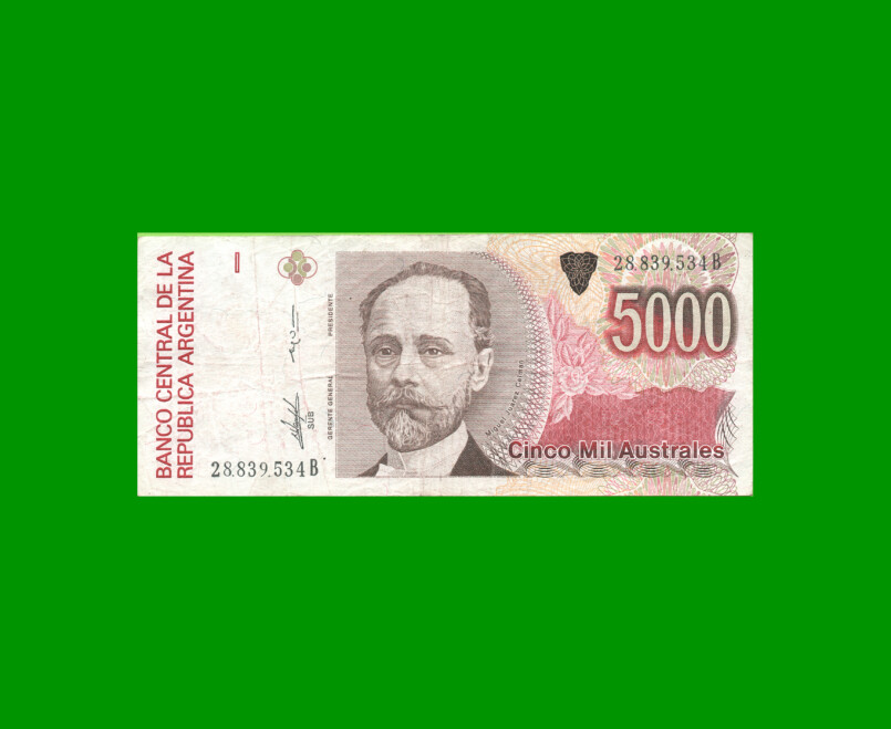 BILLETE DE AUSTRALES, 5.000 AUSTRALES, BOT 2866, AÑO 1989, ESTADO MUY BUENO- .-