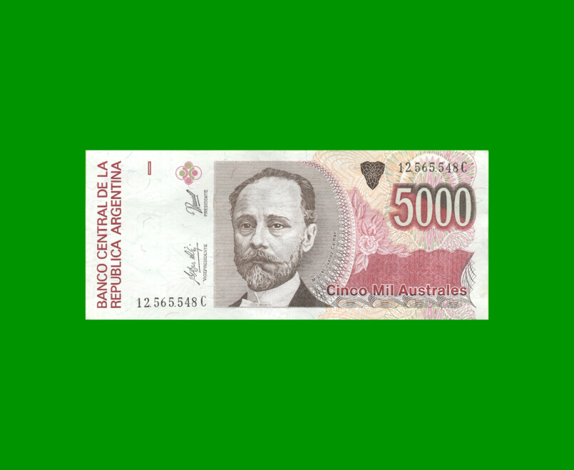 BILLETE DE AUSTRALES, 5.000 AUSTRALES, BOT 2870, AÑO 1990, ESTADO EXCELENTE.-