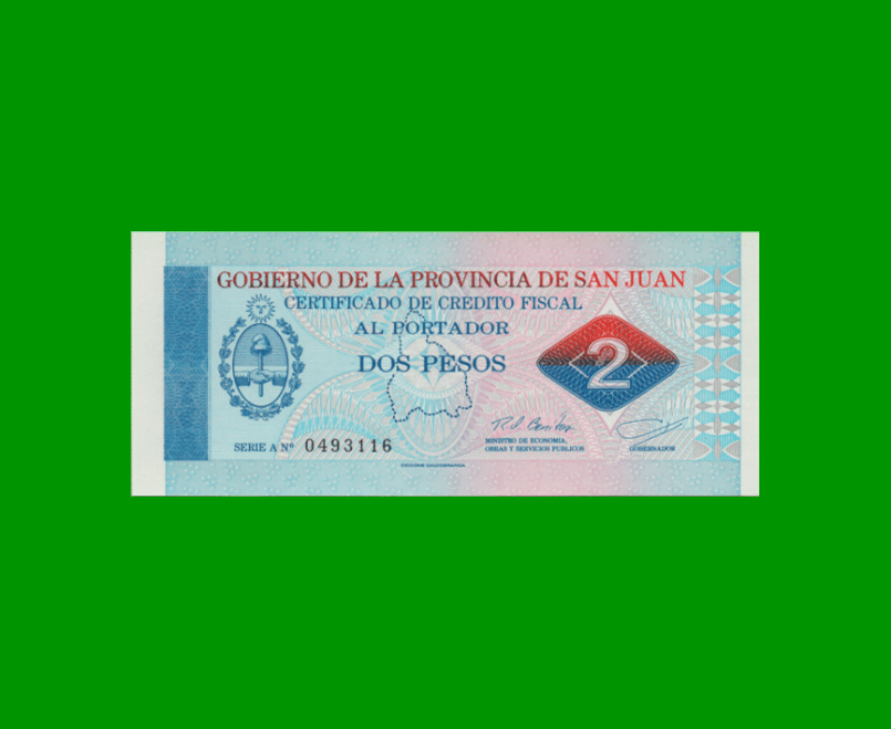 BONO DE SAN JUAN $ 2,00, EC 425, AÑO 1995, ESTADO SIN CIRCULAR.-