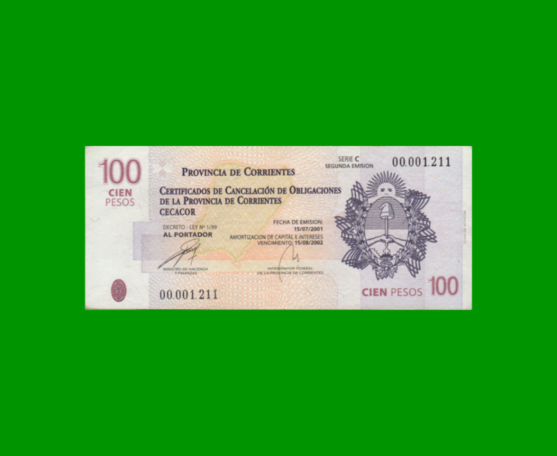 BONO CORRIENTES $100,00, EC 328, SERIE C, ESTADO EXCELENTE.-