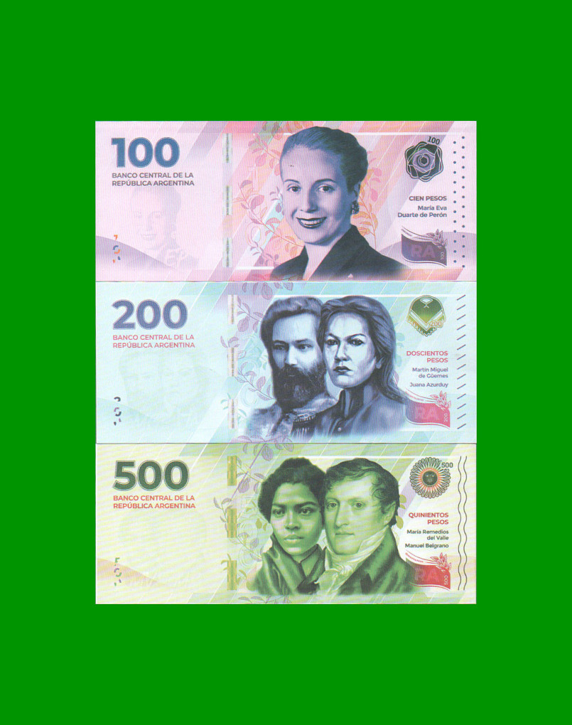 HEROÍNAS Y HÉROES DE  LA PATRIA, SET DE 3 BILLETES, NO EMITIDOS, FASCIMIL, SIN CIRCULAR.-