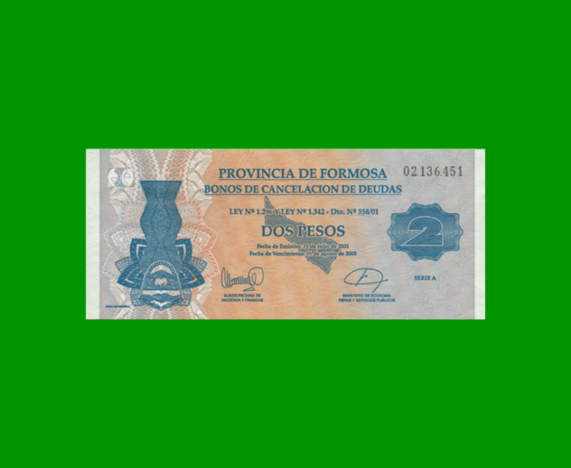 BONO DE FORMOSA $ 2,00, EC 349, AÑO 2001, ESTADO SIN CIRCULAR.-