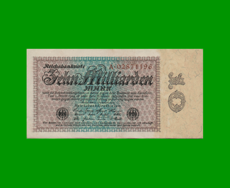 BILLETE DE ALEMANIA 10 MILLARDEN (10 MILLONES), PICK 116a, AÑO 1923, ESTADO EXCELENTE+.-