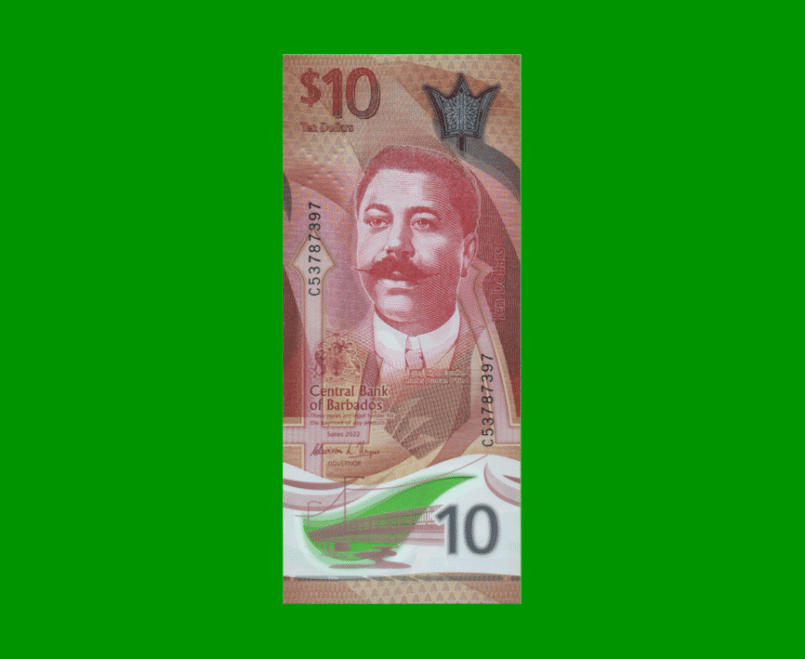 BILLETE DE BARBADOS 10 DOLARES, PICK 82, AÑO 2022, ESTADO SIN CIRCULAR.-