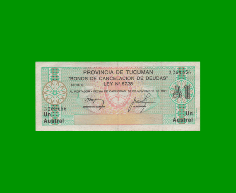 BONO DE TUCUMAN 1,00 AUSTRAL, EC 098, AÑO 1987, ESTADO MUY BUENO.-