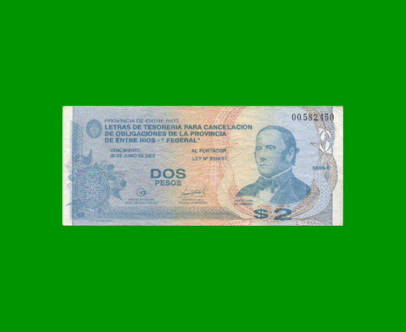 BONO DE ENTRE RIOS $ 2,00, EC 331, AÑO 31/12/2001, ESTADO  MUY BUENO- .