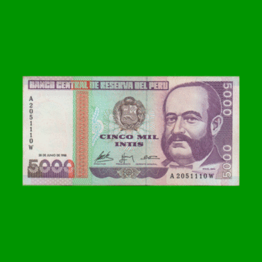 BILLETE DE PERU 5.000 INTIS, PICK 137, AÑO 1988, ESTADO SIN CIRCILAR.-