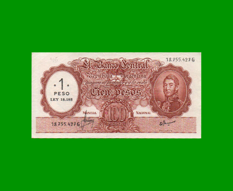 MONEDA NACIONAL $100,00 RESELLADO A $1,00 PESOS LEY 18.188, BOT 2201, AÑO 1969, ESTADO EXCELENTE- .-