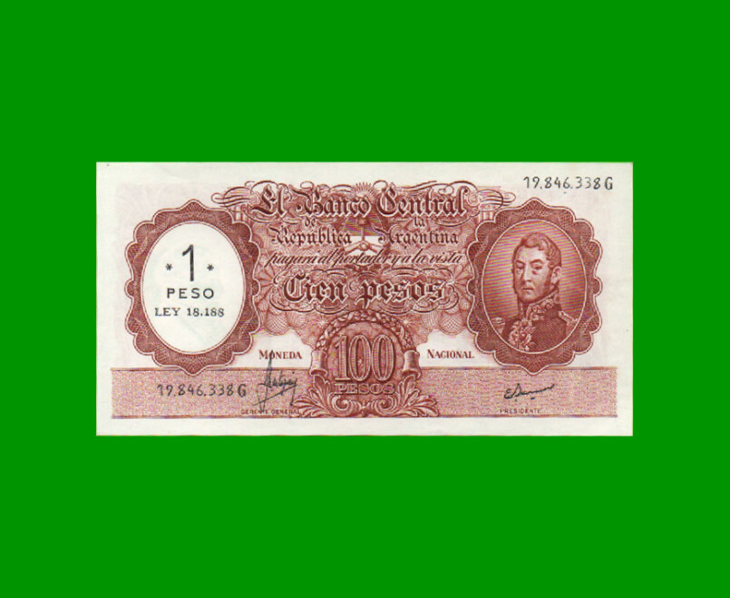 MONEDA NACIONAL $100,00 RESELLADO A $1,00 PESOS LEY 18.188, BOT 2203, AÑO 1969, ESTADO SIN CIRCULAR.-