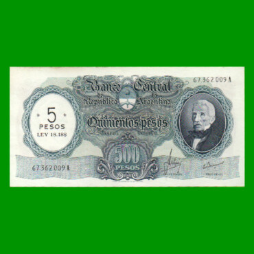 MONEDA NACIONAL $500,00 RESELLADO A $5,00 PESOS LEY 18.188, BOT 2207, AÑO 1969, ESTADO SIN CIRCULAR.-