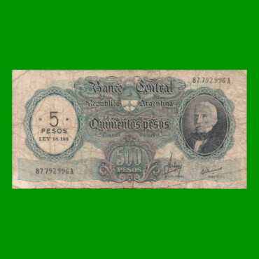 MONEDA NACIONAL $500,00 RESELLADO A $5,00 PESOS LEY 18.188, BOT 2209, AÑO 1969, ESTADO BUENO+ .-